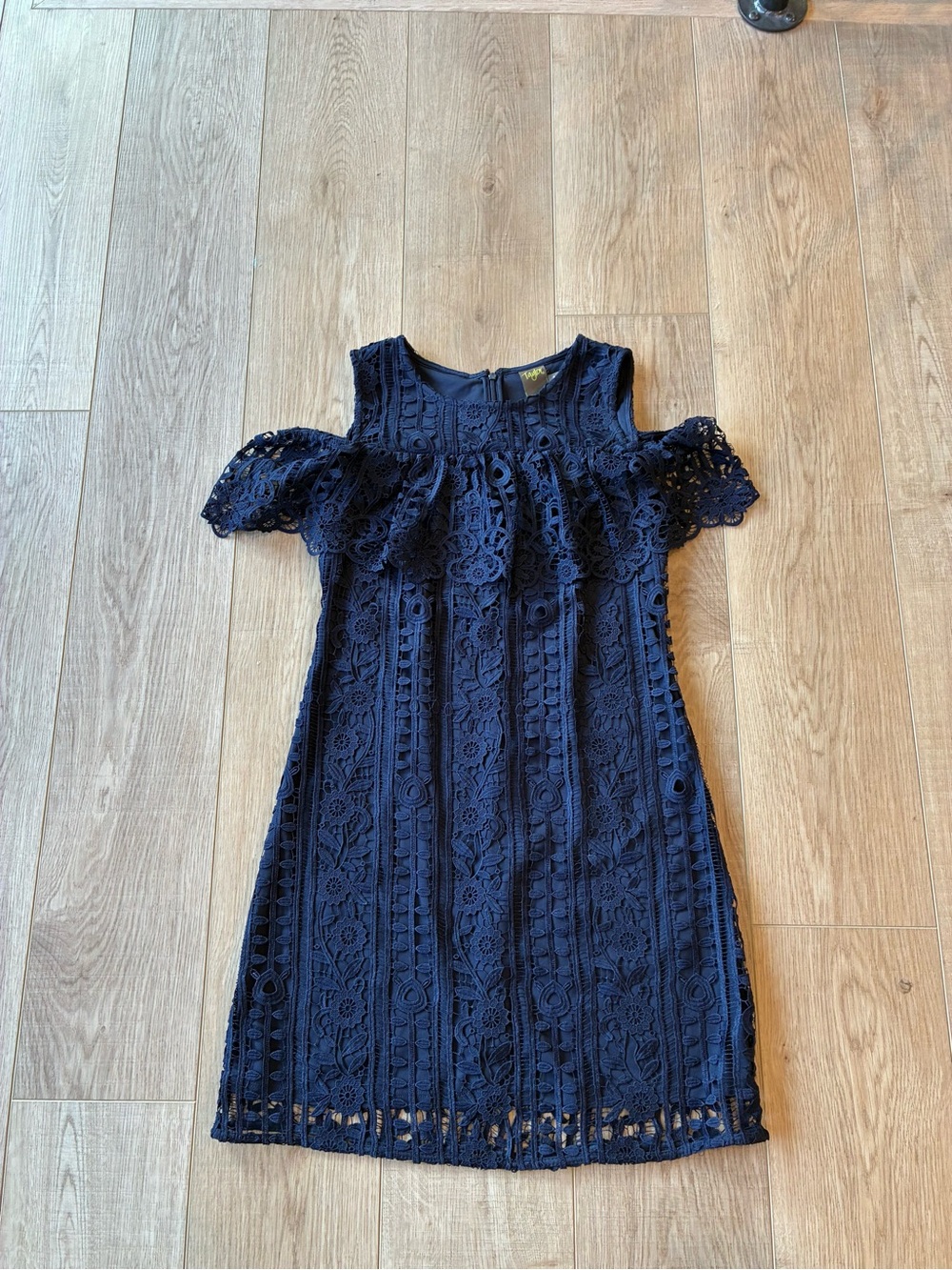 Navy Blue Lace Mini Cold-Shoulder Dress with Ruffle chest fitted small coquette